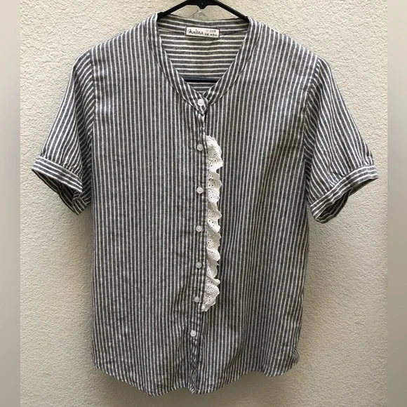 Malina | Gray and white striped shirt sleeved blouse with trim detail - Picture 2 of 11